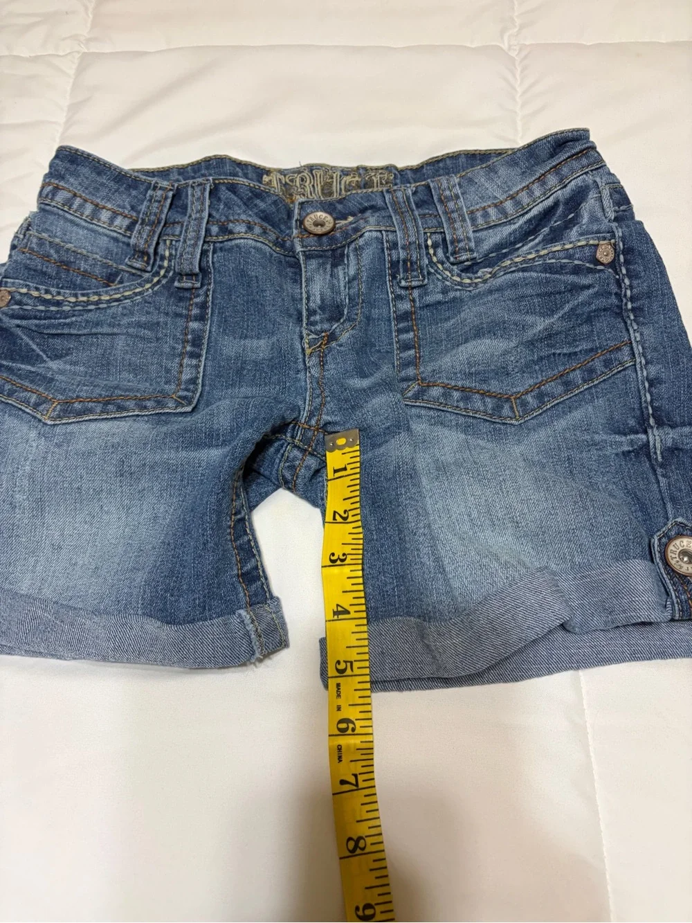 Truce dark blue denim shorts with roll cuff hem